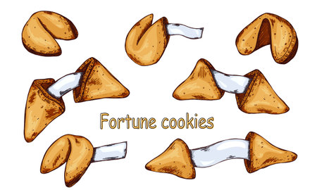 Chinese fortune cookies vector hand drawn set. Crisp cookie with a blank piece of paper insideのイラスト素材