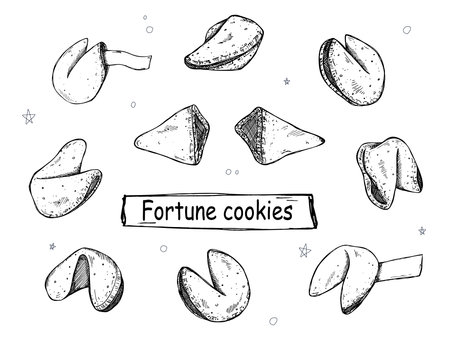 Chinese fortune cookies vector hand drawn set. Crisp cookie with a blank piece of paper insideのイラスト素材
