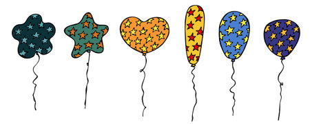 Hand drawn set of flying balloon illustration. Birthday party doodle. Holiday clipartのイラスト素材
