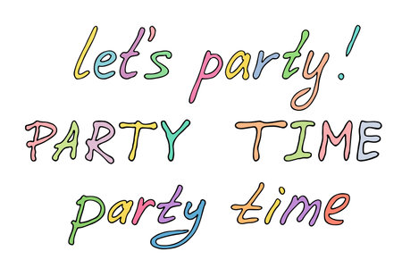 Hand drawn colorful lettering. Cute party time doodle. Holiday clipartのイラスト素材