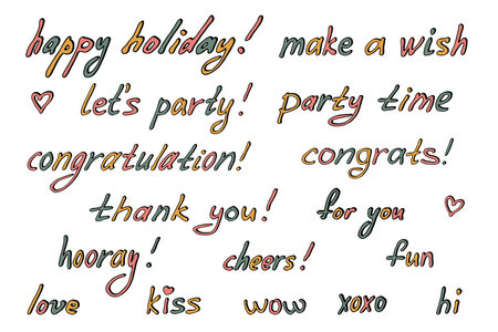 Hand drawn colorful lettering. Cute celebrate doodle. Holiday clipartのイラスト素材