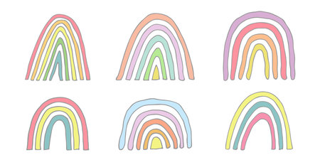 Hand drawn pastel rainbow set. Decorative elements for greeting card, kids and baby clothes printのイラスト素材