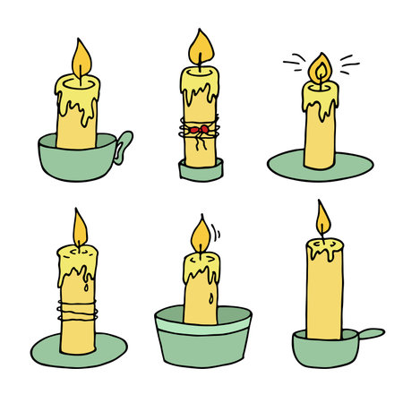 Burning candle set. Doodle illustration. Hand drawn clipart for card, logo, designのイラスト素材