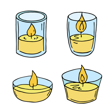 Burning candle set. Doodle illustration. Hand drawn clipart for card, logo, designのイラスト素材