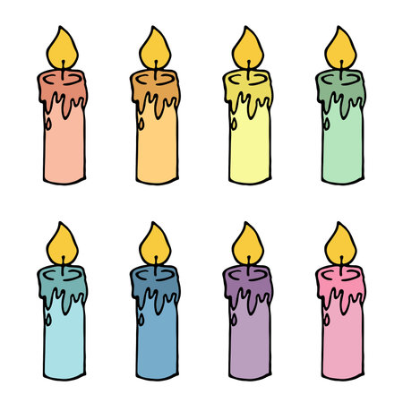 Burning birthday candle set. Single doodle illustration. Hand drawn clipart for card, logo, designのイラスト素材