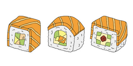 Hand drawn sushi roll clipart set. Japanese traditional cuisine dishes. Asian foodのイラスト素材
