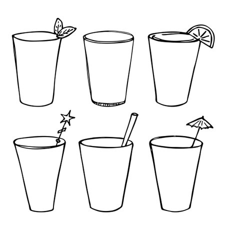 Cute cup of water, juice or soda. Glass illustration. Simple drink clipart setのイラスト素材