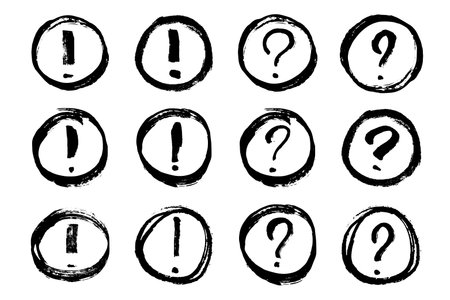 Hand drawn ink question and exclamation mark illustration in sketch style. Elements for designのイラスト素材