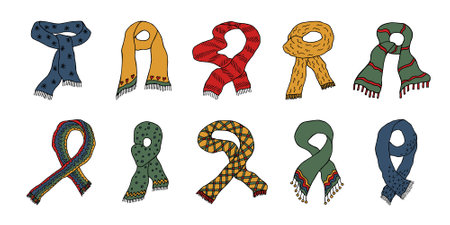 Knitted scarf doodle set Hand drawn winter accessories Single design element for card, print, design, decorのイラスト素材
