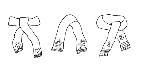 Knitted scarf doodle set Hand drawn winter accessories Single design element for card, print, design, decorのイラスト素材