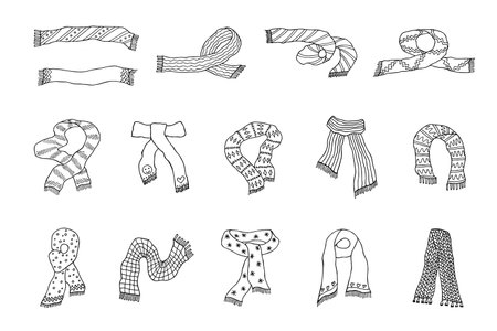 Knitted scarf doodle Hand drawn winter accessories Single design element for card, print, design, decorのイラスト素材
