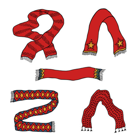 Knitted scarf doodle Hand drawn winter accessories Single design element for card, print, design, decorのイラスト素材