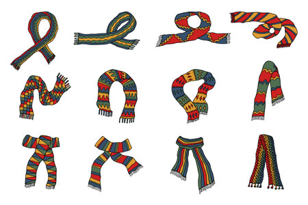 Knitted scarf doodle Hand drawn winter accessories Single design element for card, print, design, decorのイラスト素材