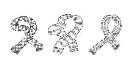 Knitted scarf doodle set Hand drawn winter accessories Single design element for card, print, design, decorのイラスト素材