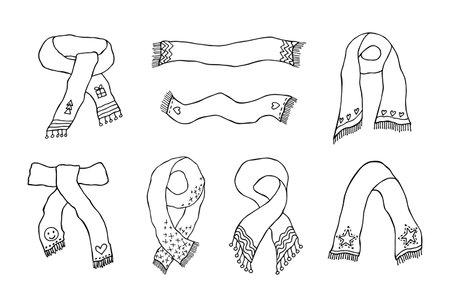Knitted scarf doodle Hand drawn winter accessories Single design element for card, print, design, decorのイラスト素材