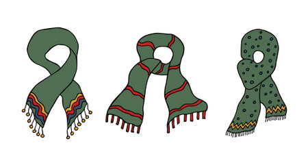 Knitted scarf doodle set Hand drawn winter accessories Single design element for card, print, design, decorのイラスト素材
