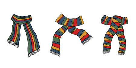 Knitted scarf doodle set Hand drawn winter accessories Single design element for card, print, design, decorのイラスト素材