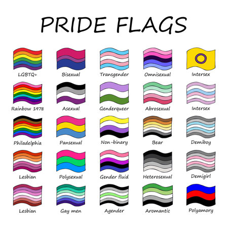 Set of colorful LGBTQ+ pride flags Gender equality and sexual identity pride flags collection LGBTQIA community pride monthのイラスト素材