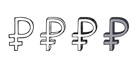 Hand drawn Russian ruble currency symbol set Brush stroke doodle Single element for designのイラスト素材