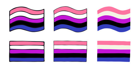 Set of colorful Gender fluid pride flag Happy pride day LGBTQIA community Pride Month Vector hand drawn doodle for posters, stickers, logo, cardsのイラスト素材