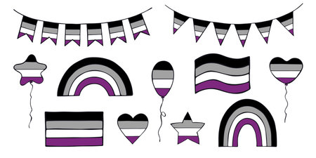 Set of colorful Asexual pride flag Happy pride day LGBTQIA community Pride Month Vector hand drawn doodle for posters, stickers, logo, cardsのイラスト素材