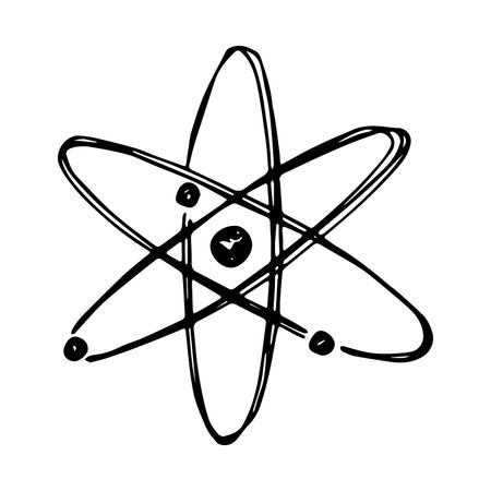 Hand drawn atom sign Molecule clipart in doodle style Single element for print, web, design, decor Symbol of science, education, nuclear energy, scientific research, molecular chemistryのイラスト素材