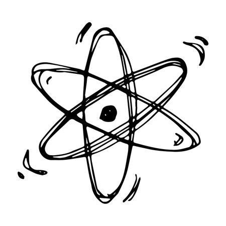 Hand drawn atom sign Molecule clipart in doodle style Single element for print, web, design, decor Symbol of science, education, nuclear energy, scientific research, molecular chemistryのイラスト素材