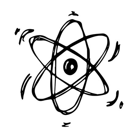 Hand drawn atom sign Molecule clipart in doodle style Single element for print, web, design, decor Symbol of science, education, nuclear energy, scientific research, molecular chemistryのイラスト素材
