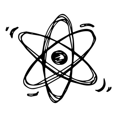Hand drawn atom sign Molecule clipart in doodle style Single element for print, web, design, decor Symbol of science, education, nuclear energy, scientific research, molecular chemistryのイラスト素材