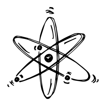 Hand drawn atom sign Molecule clipart in doodle style Single element for print, web, design, decor Symbol of science, education, nuclear energy, scientific research, molecular chemistryのイラスト素材