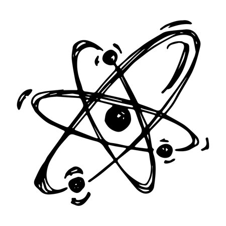 Hand drawn atom sign Molecule clipart in doodle style Single element for print, web, design, decor Symbol of science, education, nuclear energy, scientific research, molecular chemistryのイラスト素材