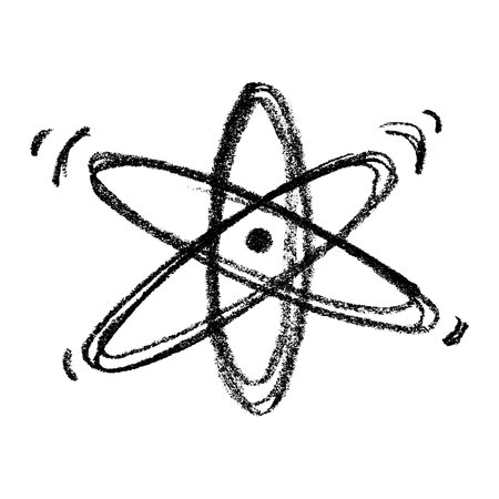 Hand drawn atom sign Molecule clipart in doodle style Single element for print, web, design, decor Symbol of science, education, nuclear energy, scientific research, molecular chemistryのイラスト素材