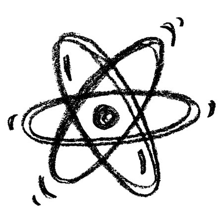 Hand drawn atom sign Molecule clipart in doodle style Single element for print, web, design, decor Symbol of science, education, nuclear energy, scientific research, molecular chemistryのイラスト素材