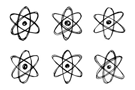 Set of hand drawn atom sign Molecule clipart in doodle style Symbol of science, education, nuclear energy, scientific research, molecular chemistry Single element for print, web, designのイラスト素材