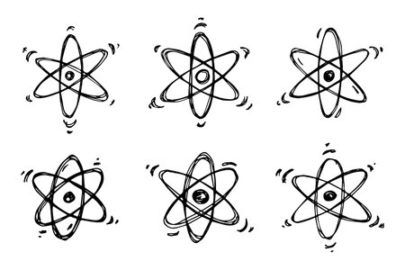 Set of hand drawn atom sign Molecule clipart in doodle style Symbol of science, education, nuclear energy, scientific research, molecular chemistry Single element for print, web, designのイラスト素材