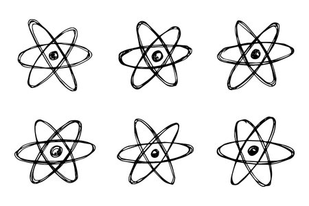Set of hand drawn atom sign Molecule clipart in doodle style Symbol of science, education, nuclear energy, scientific research, molecular chemistry Single element for print, web, designのイラスト素材