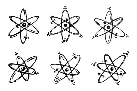 Set of hand drawn atom sign Molecule clipart in doodle style Symbol of science, education, nuclear energy, scientific research, molecular chemistry Single element for print, web, designのイラスト素材