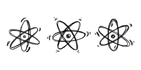 Set of hand drawn atom sign Molecule clipart in doodle style Symbol of science, education, nuclear energy, scientific research, molecular chemistry Single element for print, web, designのイラスト素材