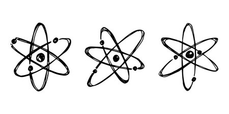 Set of hand drawn atom sign Molecule clipart in doodle style Symbol of science, education, nuclear energy, scientific research, molecular chemistry Single element for print, web, designのイラスト素材