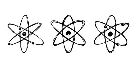 Set of hand drawn atom sign Molecule clipart in doodle style Symbol of science, education, nuclear energy, scientific research, molecular chemistry Single element for print, web, designのイラスト素材