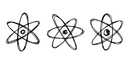 Set of hand drawn atom sign Molecule clipart in doodle style Symbol of science, education, nuclear energy, scientific research, molecular chemistry Single element for print, web, designのイラスト素材