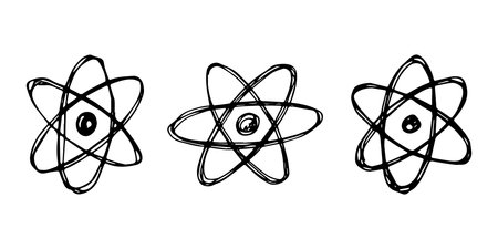 Set of hand drawn atom sign Molecule clipart in doodle style Symbol of science, education, nuclear energy, scientific research, molecular chemistry Single element for print, web, designのイラスト素材