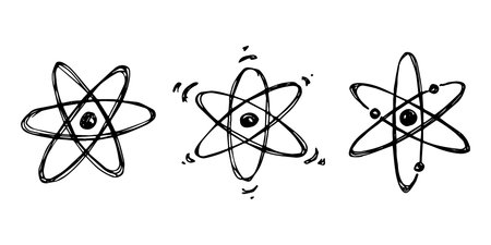 Set of hand drawn atom sign Molecule clipart in doodle style Symbol of science, education, nuclear energy, scientific research, molecular chemistry Single element for print, web, designのイラスト素材