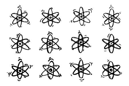 Set of hand drawn atom sign Molecule clipart in doodle style Symbol of science, education, nuclear...
