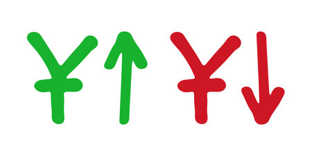 Hand drawn Chinese yuan currency symbol Growth and fall profit with arrow up and down Brush stroke doodle Element for designのイラスト素材