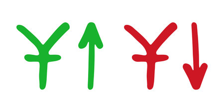 Hand drawn Chinese yuan currency symbol Growth and fall profit with arrow up and down Brush stroke doodle Element for designのイラスト素材