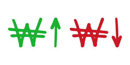 Hand drawn won currency symbol Growth and fall profit with arrow up and down Brush stroke doodle...