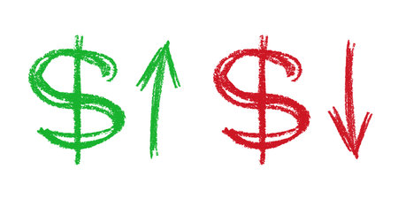 Hand drawn dollar currency symbol Growth and fall profit with arrow up and down Brush stroke doodle Element for designのイラスト素材