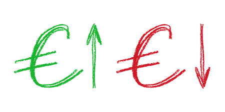 Hand drawn euro currency symbol Growth and fall profit with arrow up and down Brush stroke doodle Element for designのイラスト素材