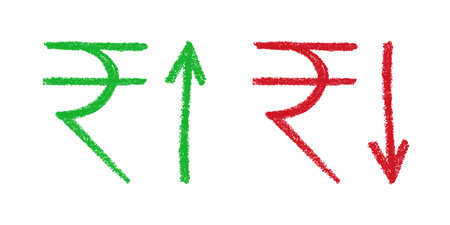 Hand drawn rupee currency symbol Growth and fall profit with arrow up and down Brush stroke doodle Element for designのイラスト素材